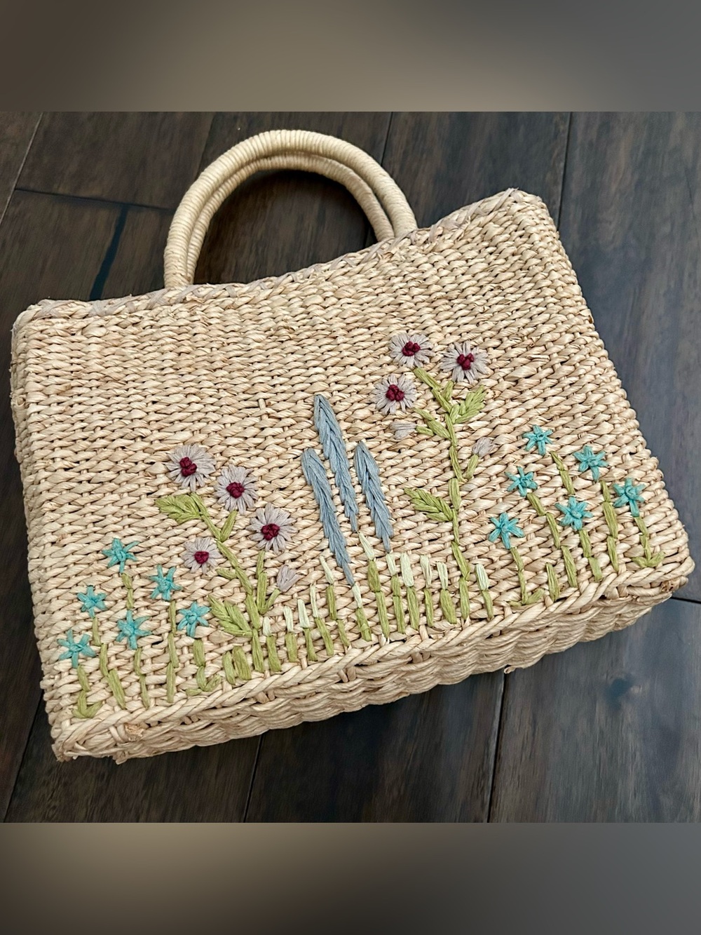 Hand-Embroidered Woven Straw Tote Bag Floral Cornhusk Handbag Cottagecore Boho - Picture 9 of 9